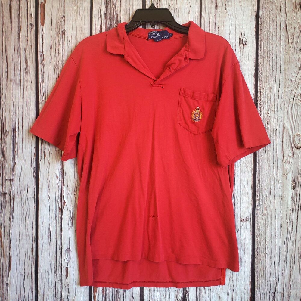 Vintage 90s Ralph Lauren Crest Logo Large Fine Polo Shirt Men Red Thrashed